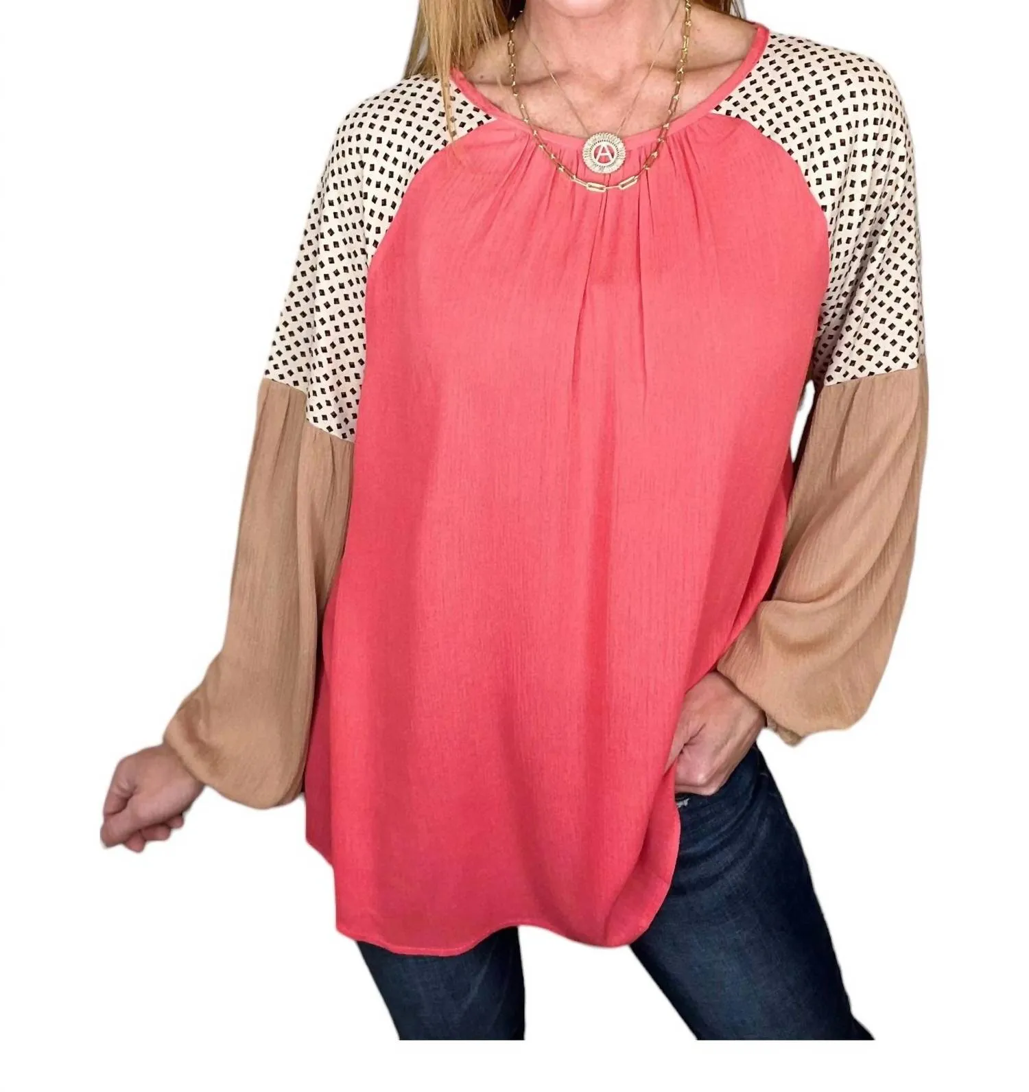 143 Story - Solid and Print Mixed Sleeve Top