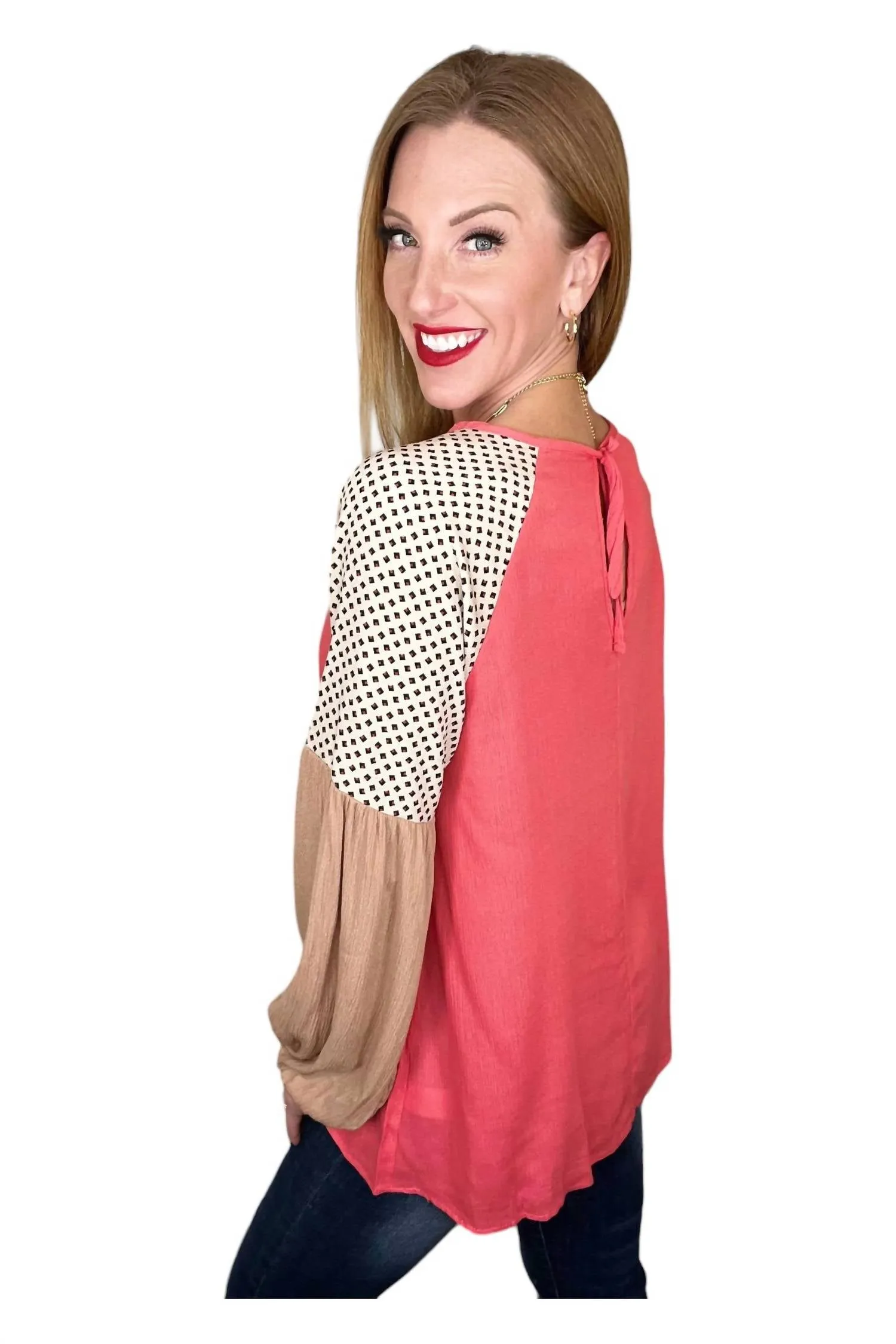 143 Story - Solid and Print Mixed Sleeve Top