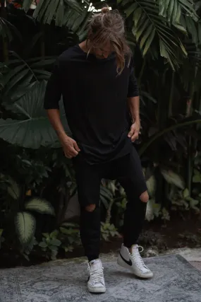 BLACK COTTON SPLIT KNEE PANTS