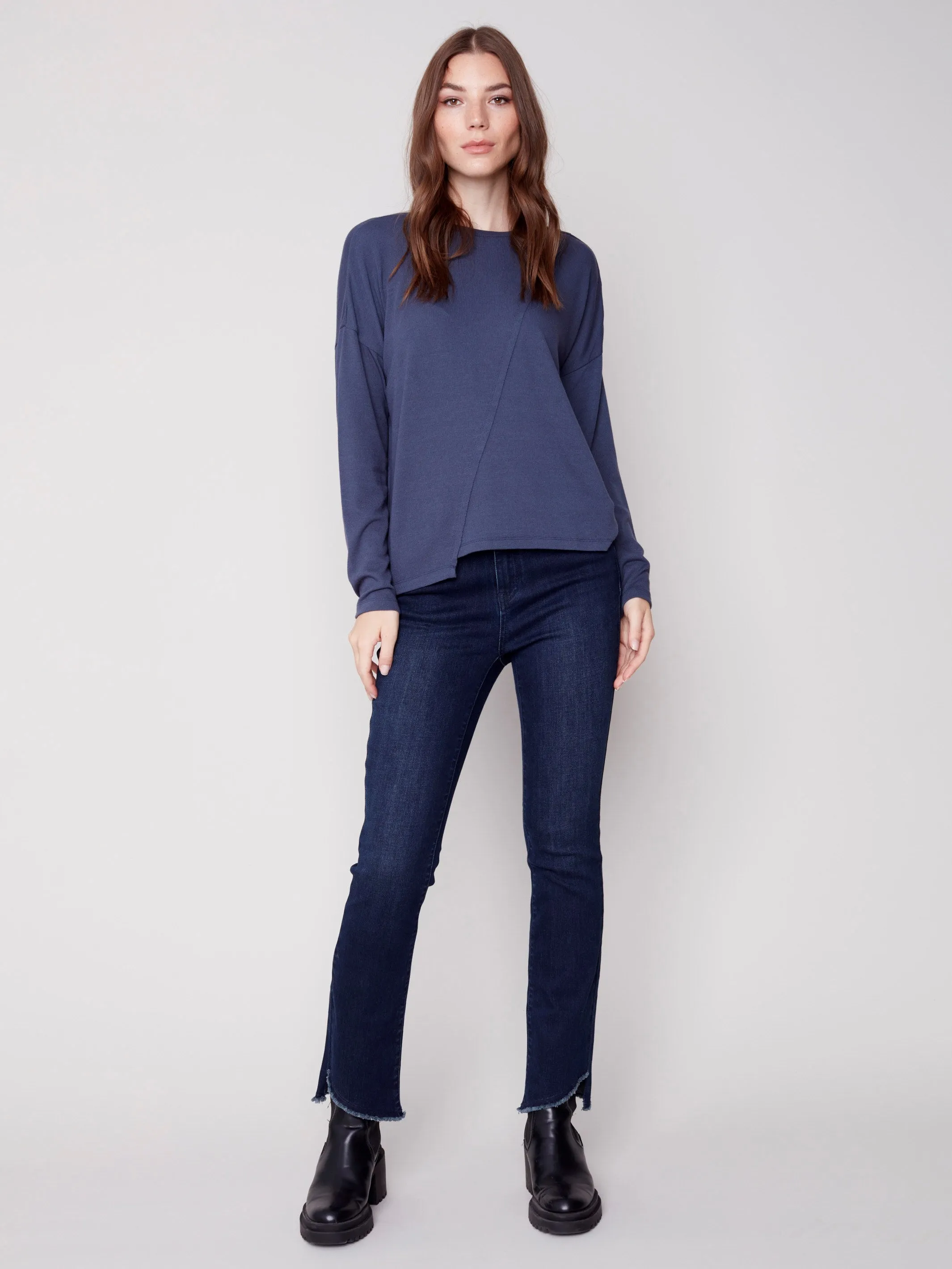 Knit Top with Diagonal Cut Detail - Denim