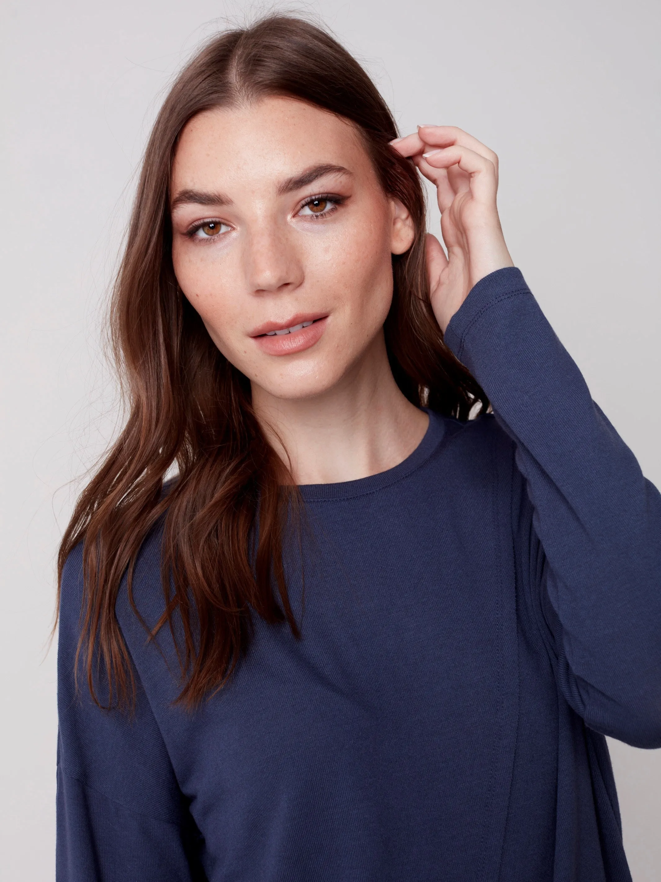 Knit Top with Diagonal Cut Detail - Denim
