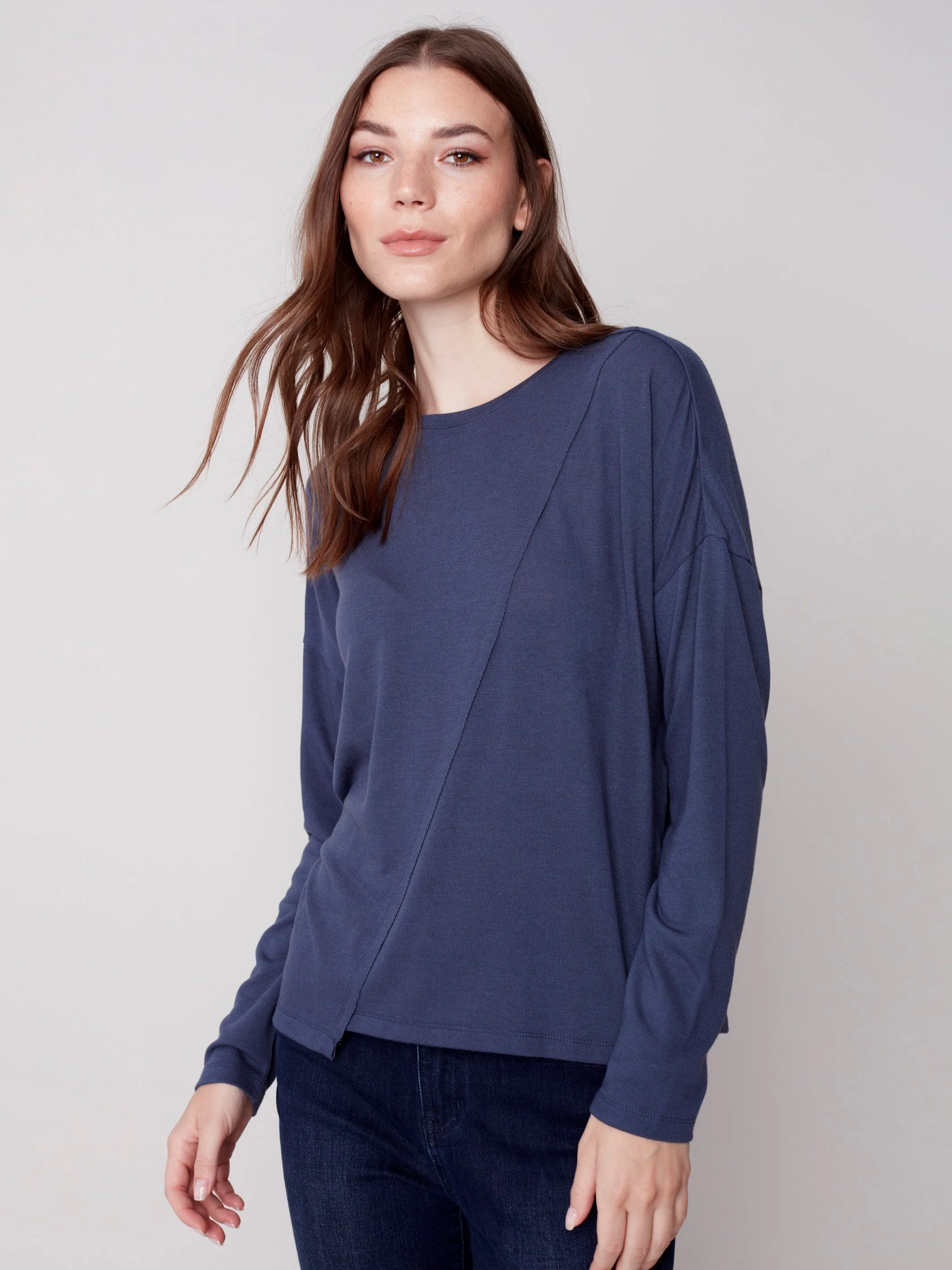Knit Top with Diagonal Cut Detail - Denim
