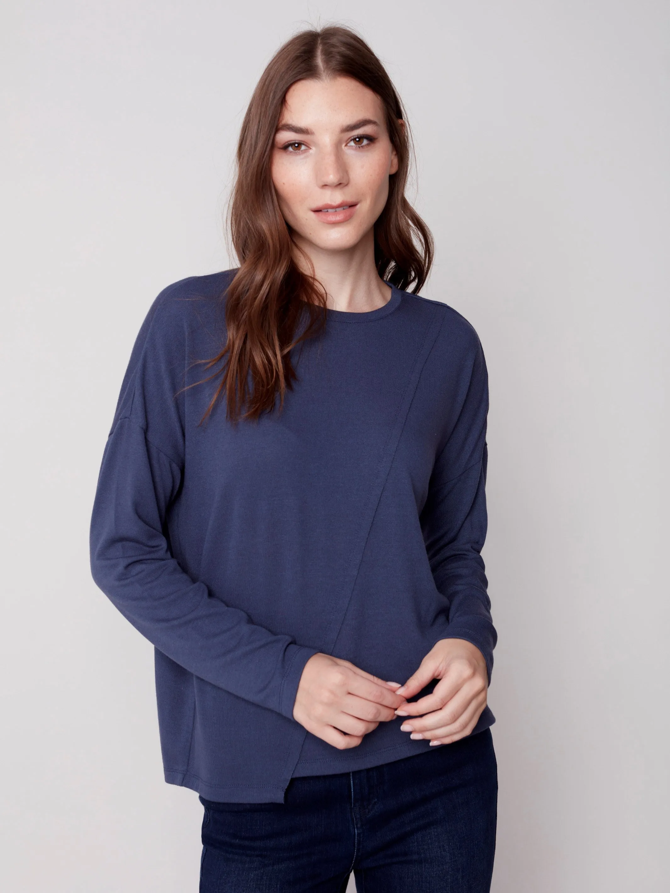 Knit Top with Diagonal Cut Detail - Denim