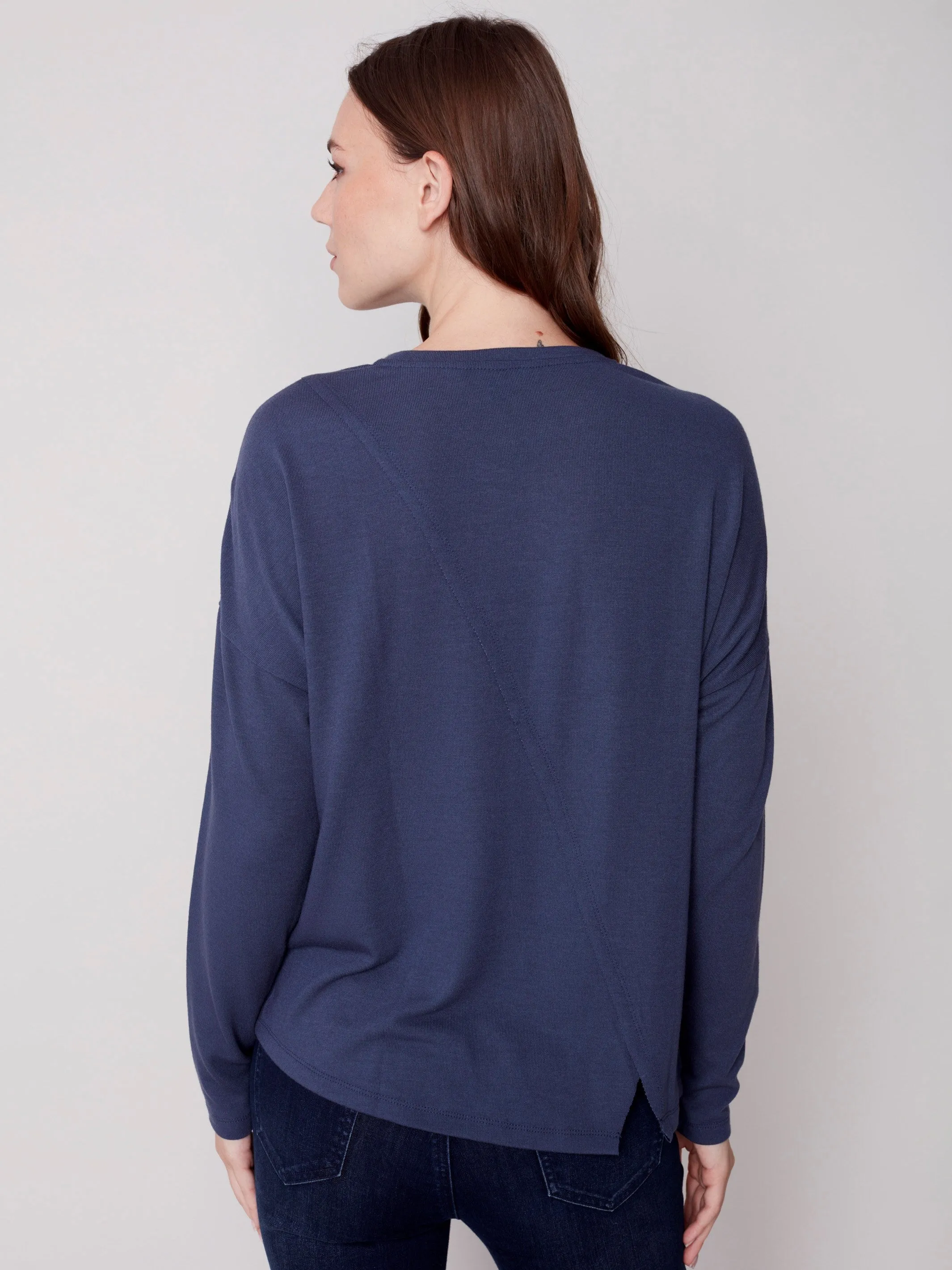 Knit Top with Diagonal Cut Detail - Denim