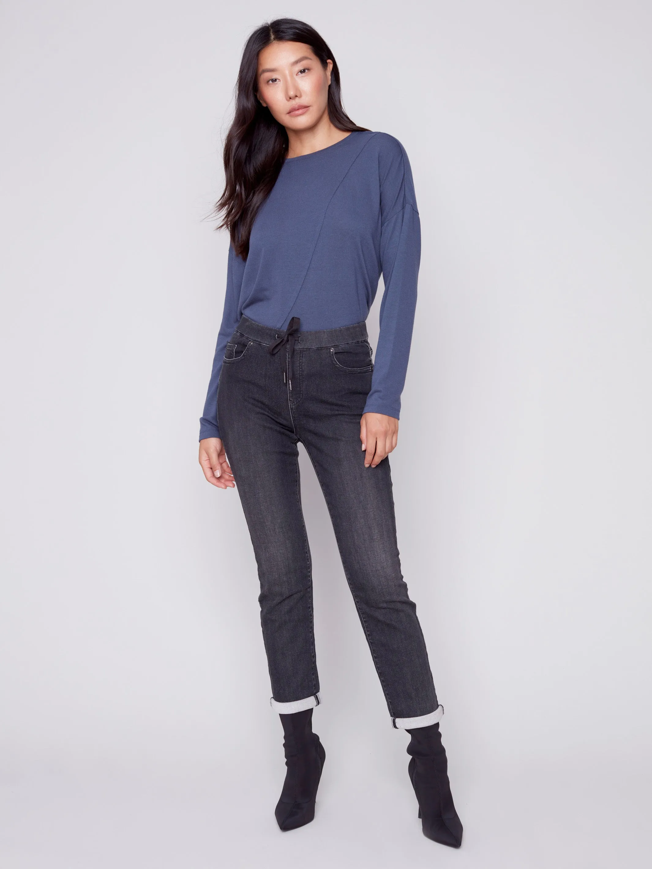Knit Top with Diagonal Cut Detail - Denim