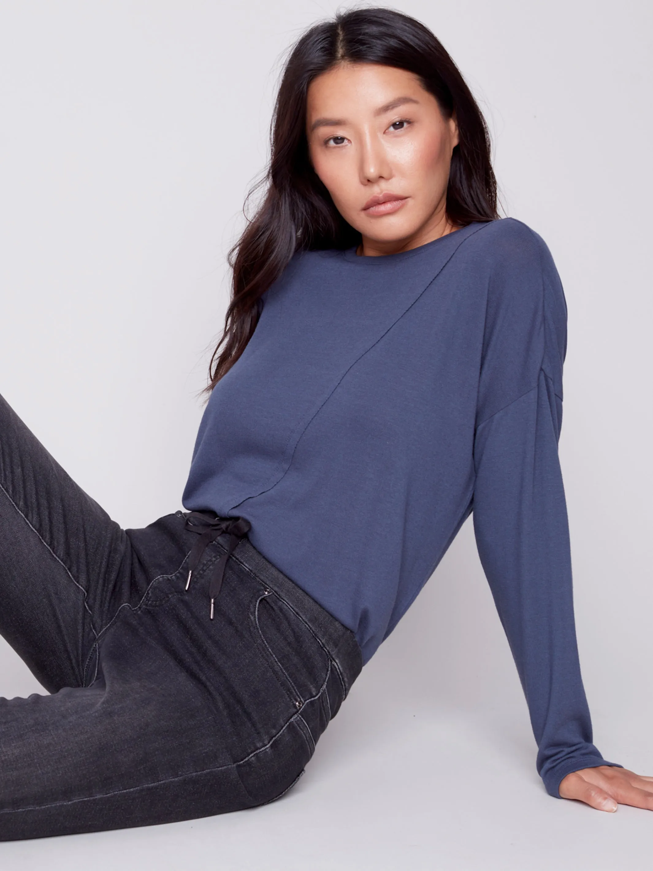 Knit Top with Diagonal Cut Detail - Denim