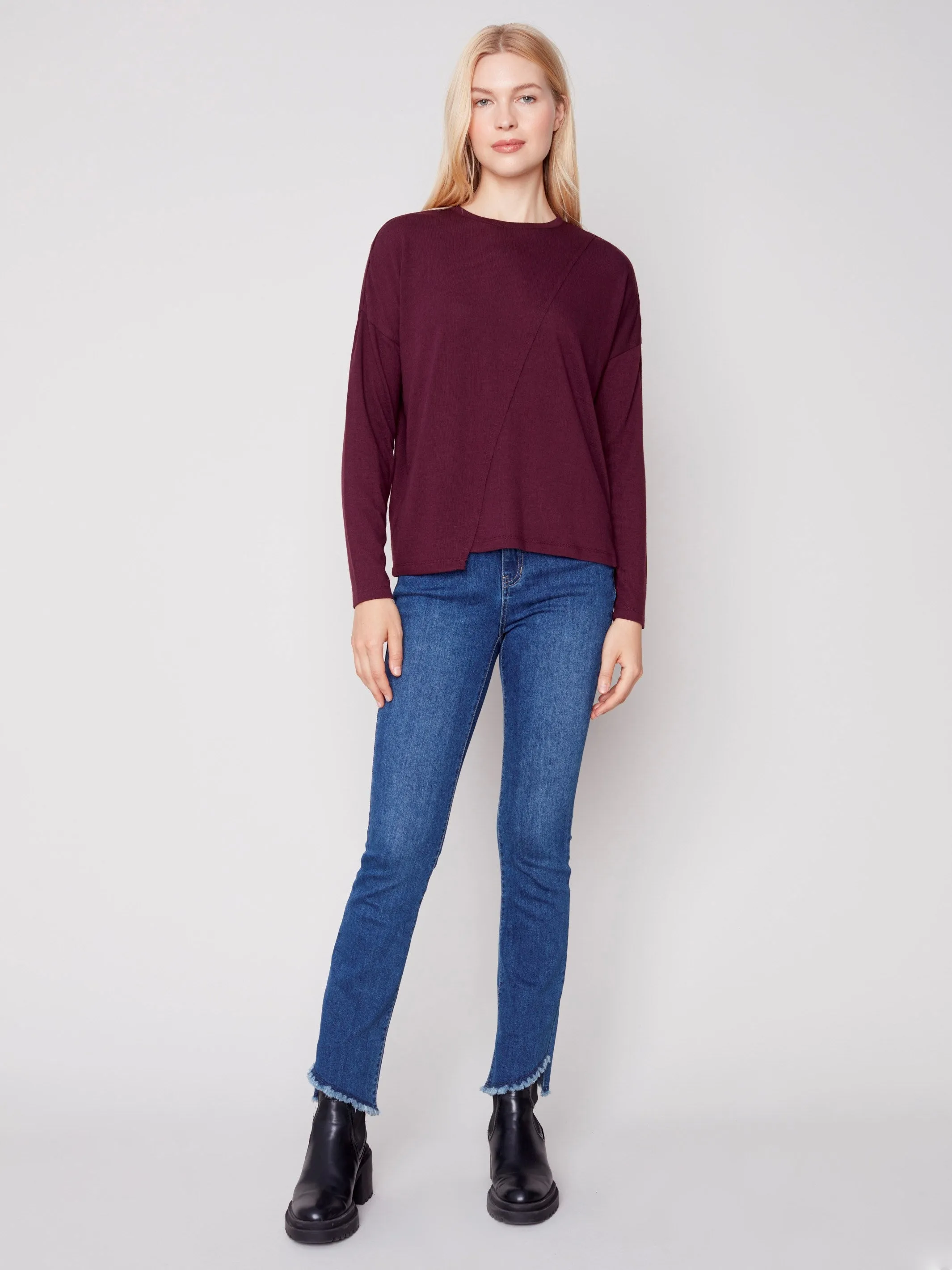 Knit Top with Diagonal Cut Detail - Port