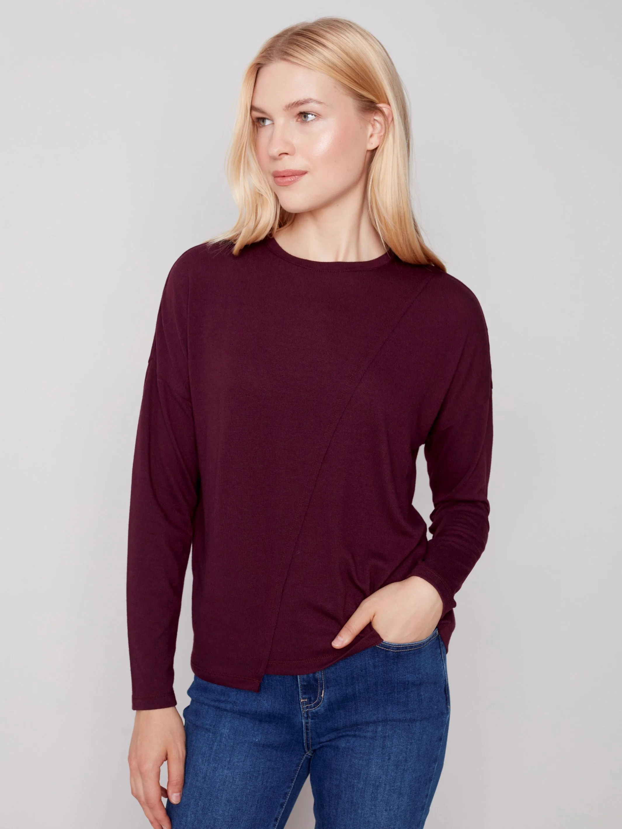 Knit Top with Diagonal Cut Detail - Port