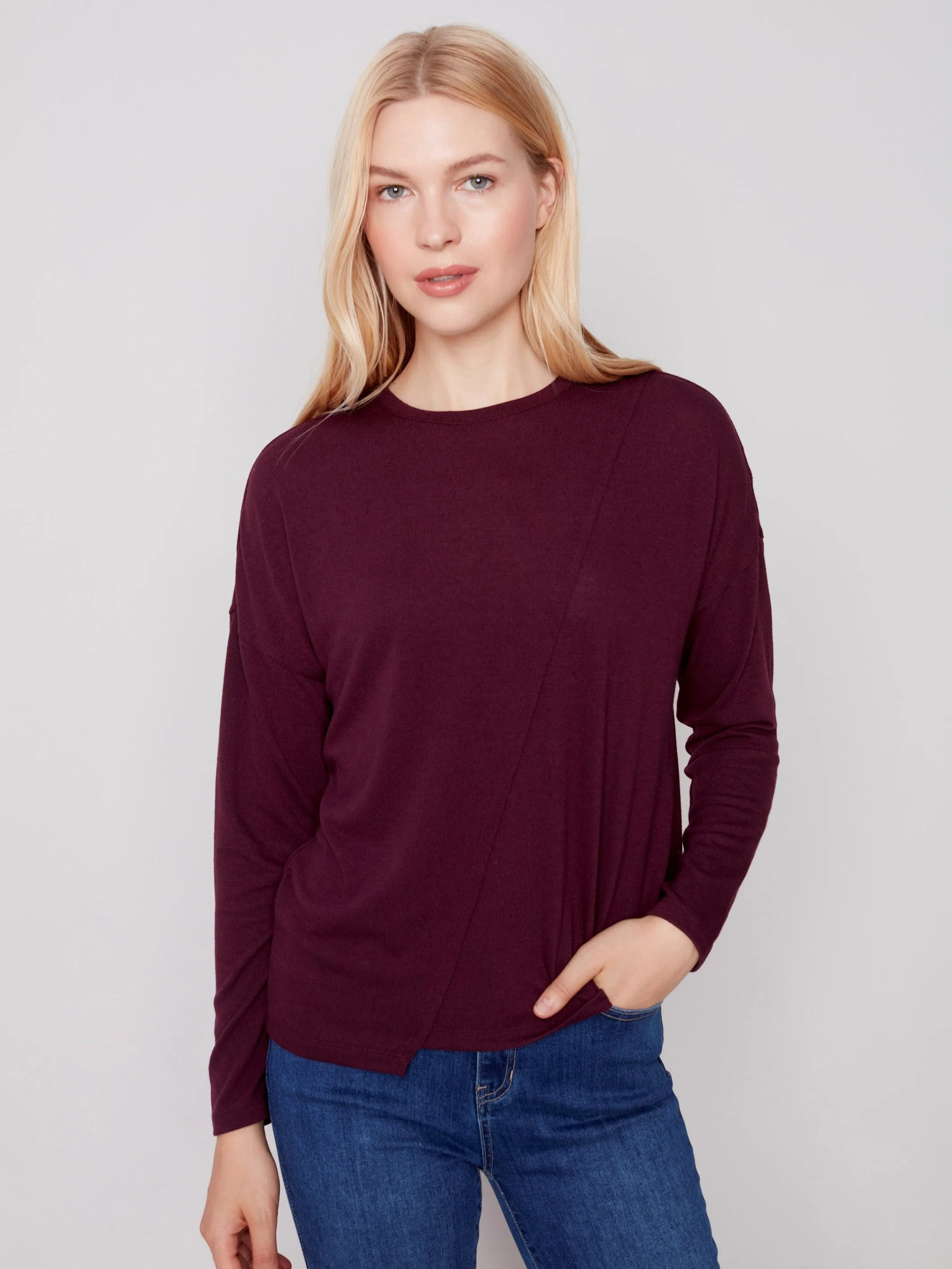 Knit Top with Diagonal Cut Detail - Port