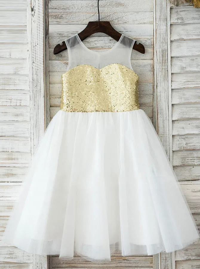 Sequined Flower Girl Dresses,A-line Flower Girl Dress,Tea Length Flower Girl Dress,FD00040
